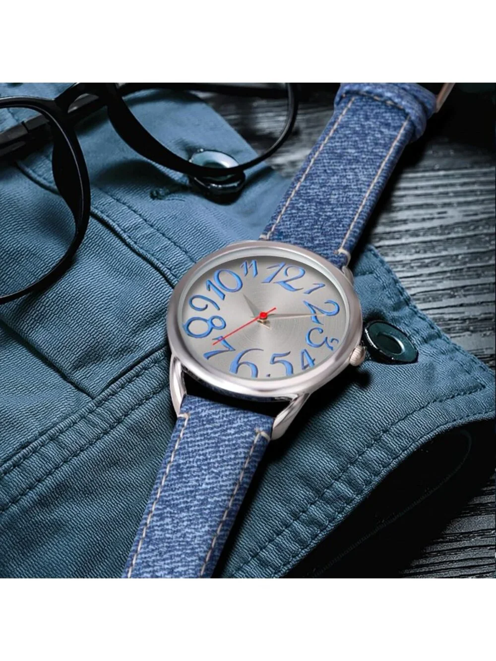 Women's Blue Big Arabic Numbers Dial Easy to Read Denim Leather Strap Watches